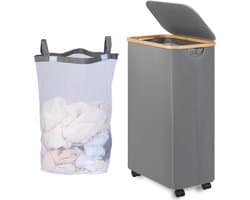 Wasmand met wieltjes - smal - 75 liter - grijs - wasbare binnenzak