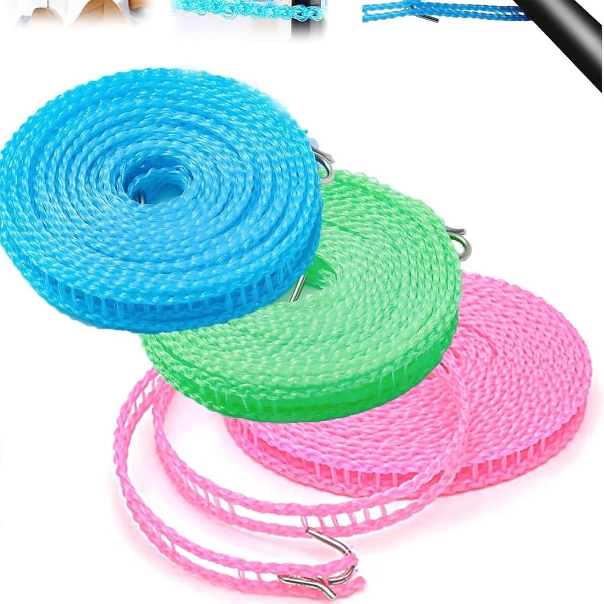 Outdoor Waslijn - Kledinglijn Touw - Kleding Drogen - Winddicht Ontwerp - 3 Stuks 5 Meter - Blauw Groen Roze — afbeelding 1