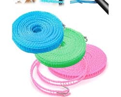Outdoor Waslijn - Kledinglijn Touw - Kleding Drogen - Winddicht Ontwerp - 3 Stuks 5 Meter - Blauw Groen Roze