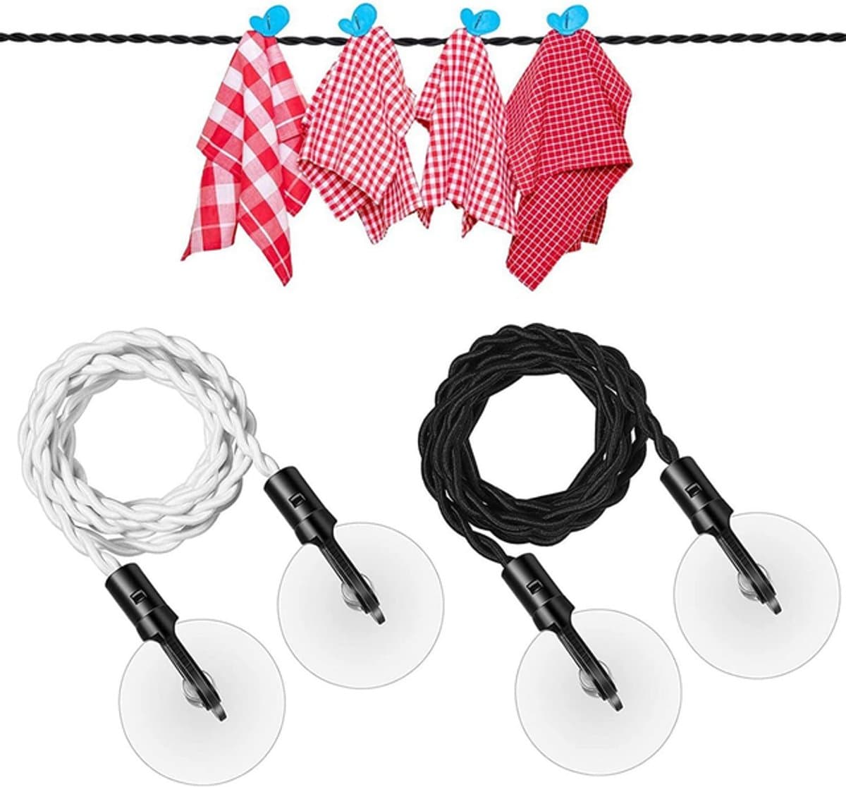 2-delige waslijn voor buiten - Elastisch touw - Uitschuifbare waslijn - Waslijn met haken en zuignappen - Geschikt voor binnen, gezin, kamperen en reizen - Zwart/Wit — afbeelding 1
