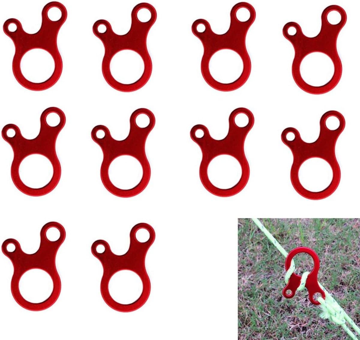 Set van 10 winddichte gespen met trekkoord van aluminium, geschikt voor buitenactiviteiten zoals kamperen, wandelen, trektochten, enz., rood. — afbeelding 1