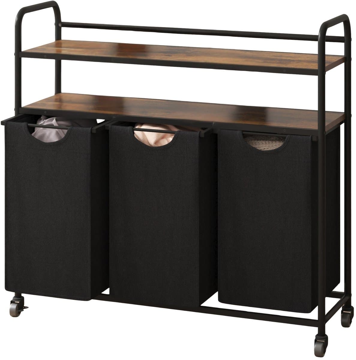Wasmand – Voor Badkamer & Wasruimte – 3 Compartimenten (3×46L) met 2 Planken, Uitschuifbare Waszak – Zwart — afbeelding 1