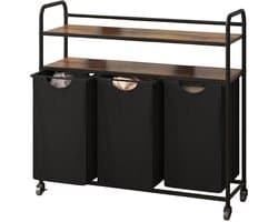 Wasmand – Voor Badkamer & Wasruimte – 3 Compartimenten (3×46L) met 2 Planken, Uitschuifbare Waszak – Zwart