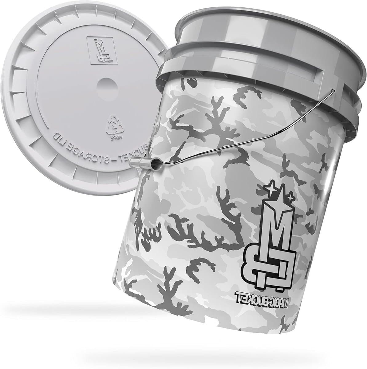 MAGIC BUCKET Wasemmerset voor auto, handwas, camouflage, grijs, met bijpassend emmerdeksel, ca. 20 liter, compatibel met Grit Guard, Detail Guardz Dirt Lock, Chemical Guys, Dirt Trap — afbeelding 1
