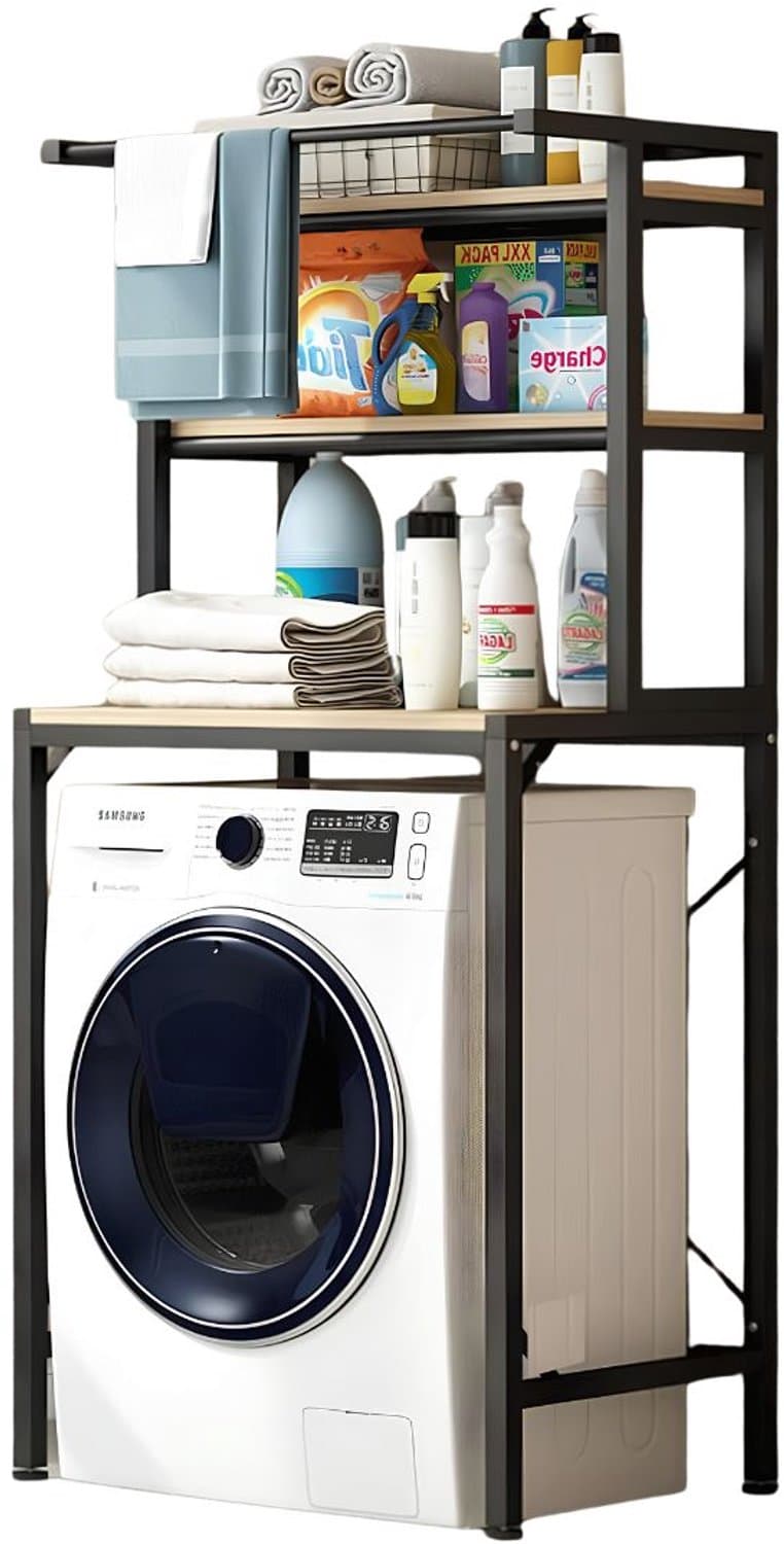 Wasmachine Rek - 3 Planken - Wasmachinehouder Voor de Badkamer - Badkamerplanken - Zwart - 69cm x 60cm x 177cm — afbeelding 1
