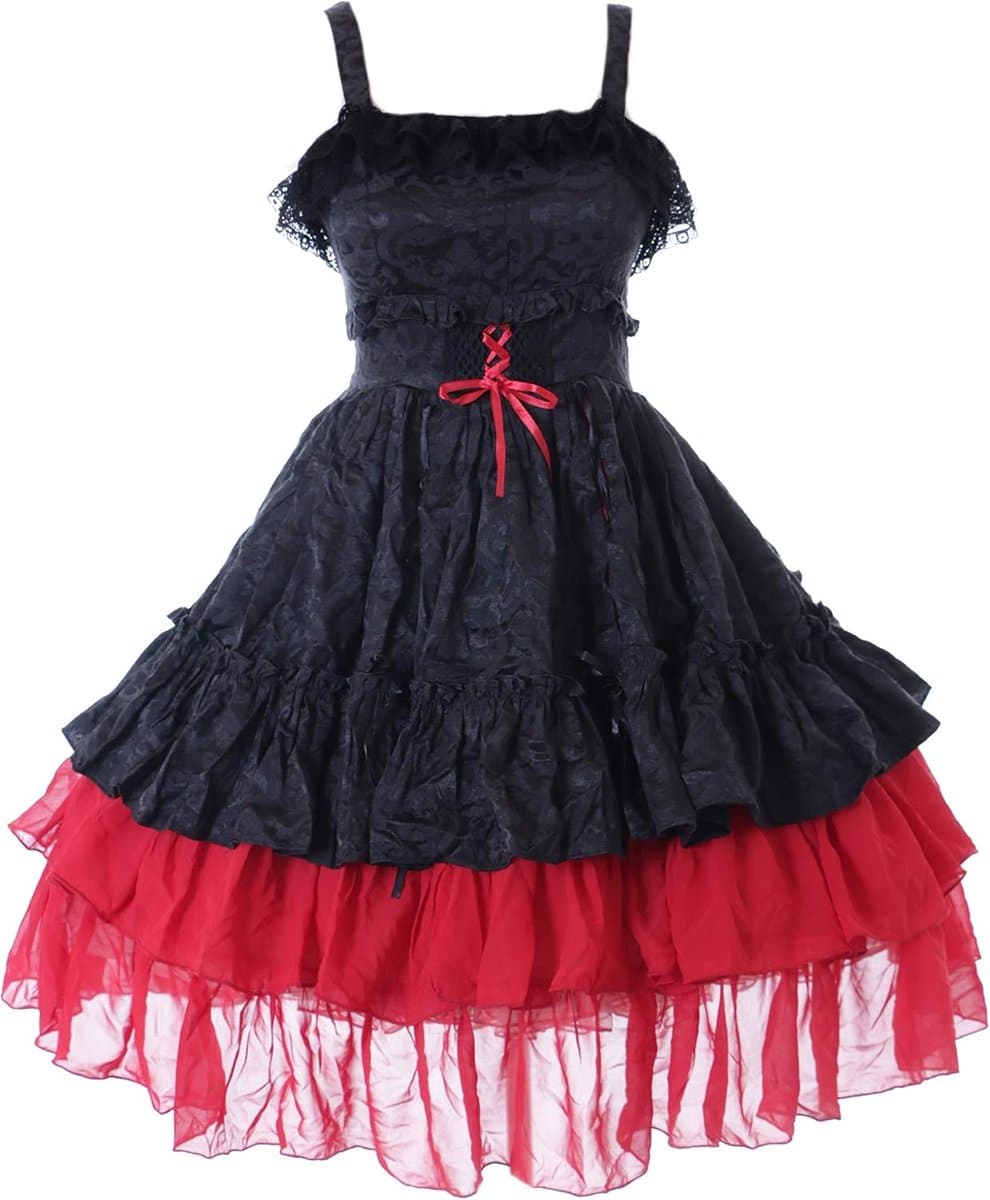 JL-685 rood zwart ruches jurk chiffon Gothic Lolita kostuum cosplay (M-L) — afbeelding 1