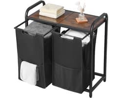 Wasmand, met Metalen Frame en Houten Top, met Uittrekbare 600D Oxford-Stoffenzakken, Vrijstaande Organisator voor Vuile Kleding en Badkameropslag