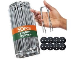 grondanker 50 stuks + 8 sluitringen inbegrepen, 150 mm lang, 25 mm breed, Ø 3 mm, voor tuin, mulch en kunstgras, van metaal, verzinkt, camping, reizen, staal