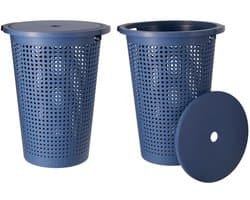 Storage Solutions Wasmand met deksel - 2x - blauw - 35 liter - 40 x 52 cm - kunststof - rond - wasbox - mand voor wasgoed