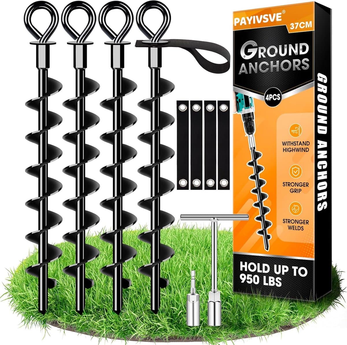 SnelShoppen - Heavy Duty Grondankers, Set van 4, Robuuste Volledig Geschroefde Grondankers met Riemen voor Het Bevestigen van Trampolines, Zonnescherm — afbeelding 1