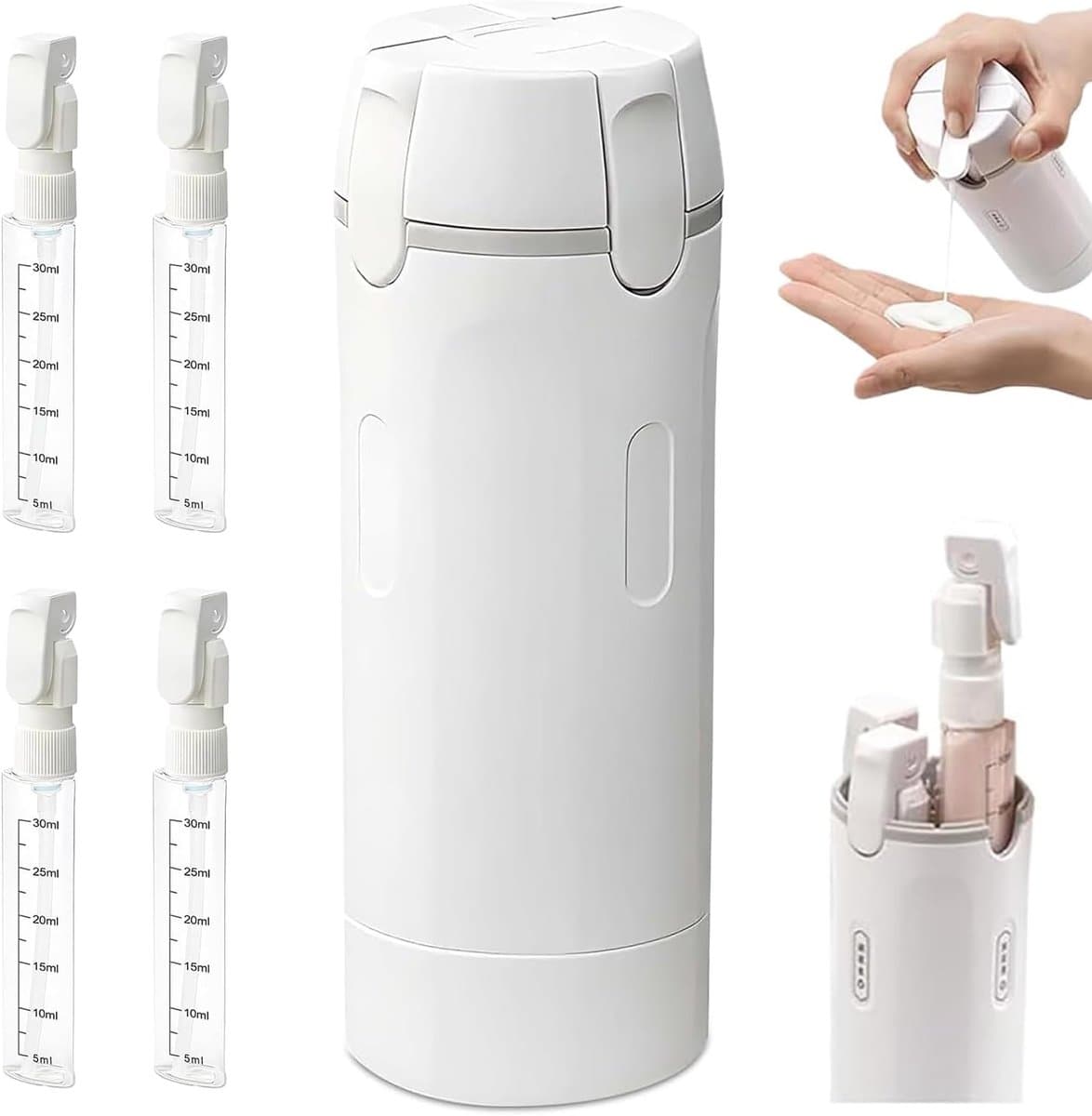 4-in-1 reisdispenserfles, navulbare, lekvrije reisflessen voor shampoo en lotion, ruimtebesparende set met drukpomp voor handbagage en toilettas — afbeelding 1