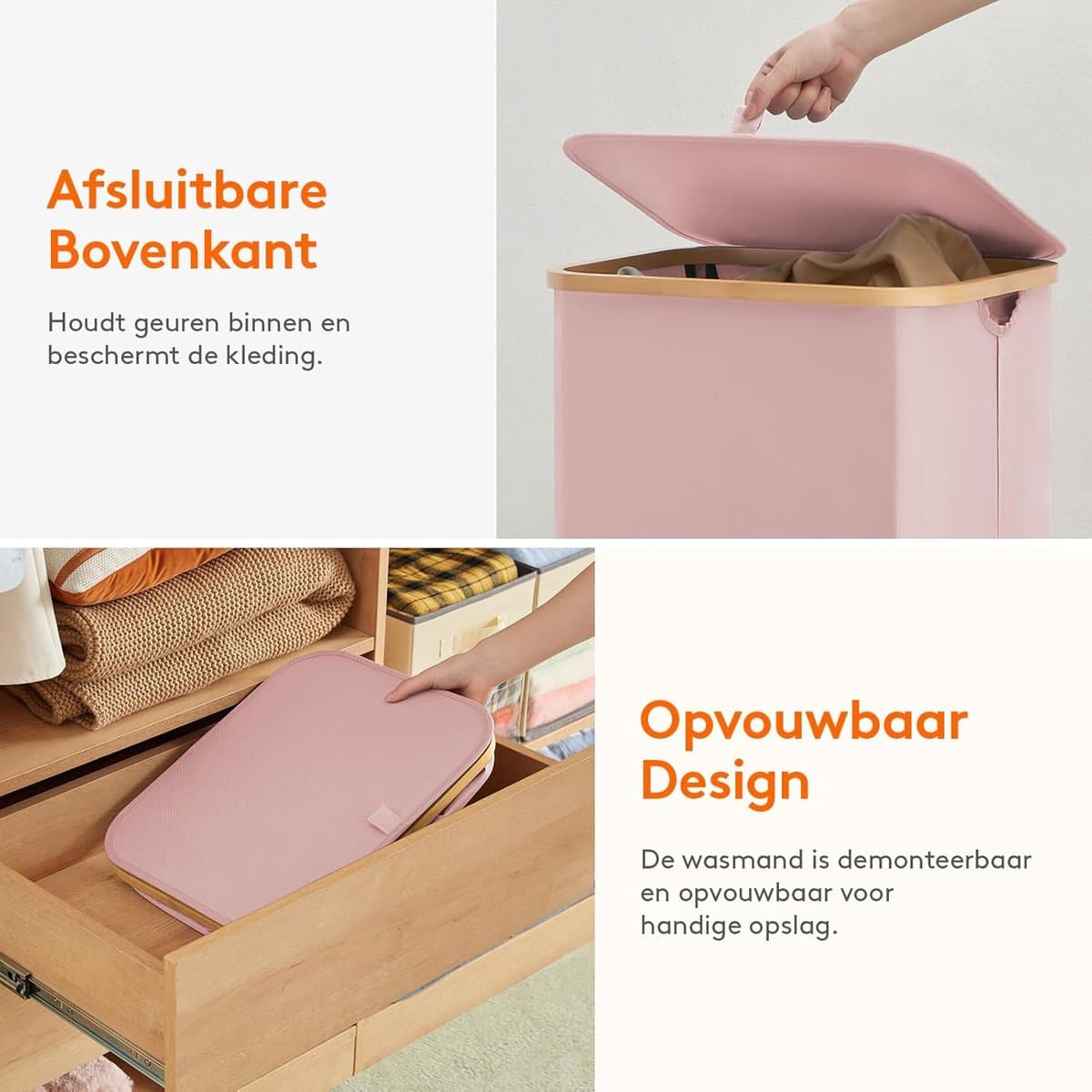 Wasmand van 100 liter met deksel, wasmand met bamboe handgrepen en 1 afneembare tas, grote opvouwbare wasmand voor slaapkamer, badkamer, slaapzaal, wasruimte, roze — afbeelding 1