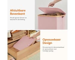 Wasmand van 100 liter met deksel, wasmand met bamboe handgrepen en 1 afneembare tas, grote opvouwbare wasmand voor slaapkamer, badkamer, slaapzaal, wasruimte, roze