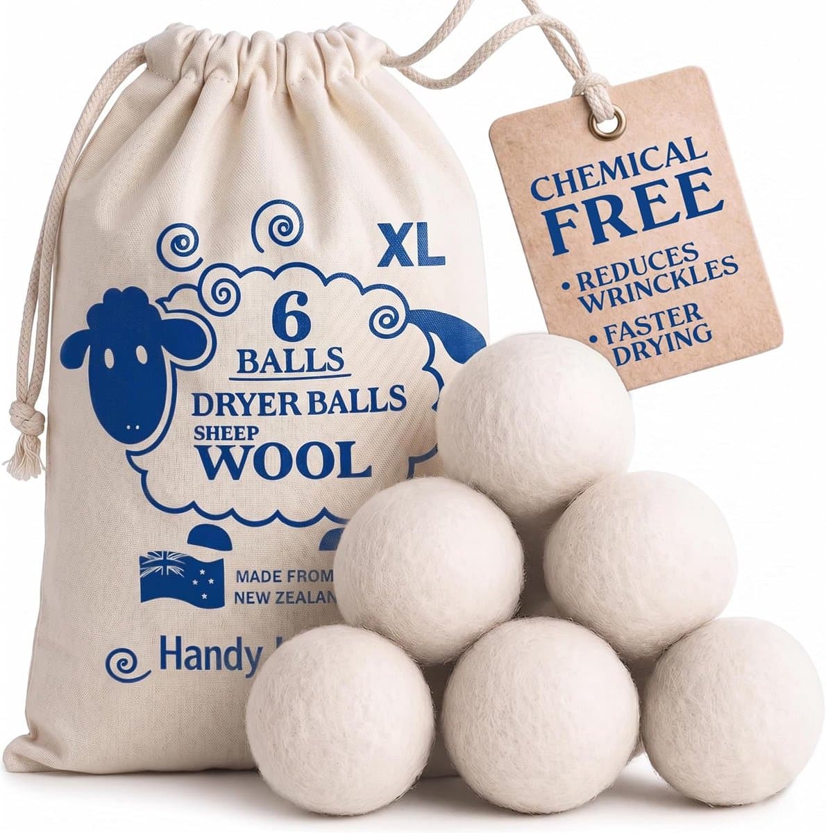 SnelShoppen - Droogballen voor wasdroger, 6XL set van 100% schapenwol, herbruikbaar, natuurlijke wasverzachter, verkort droogtijd, voor zachte en plui — afbeelding 1