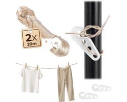 2 x waslijn, 20 m, 2 mm waslijn met stalen kern en kunststof ommanteling, weerbestendige waslijn voor balkon, tuin en camping, extra sterke lijn