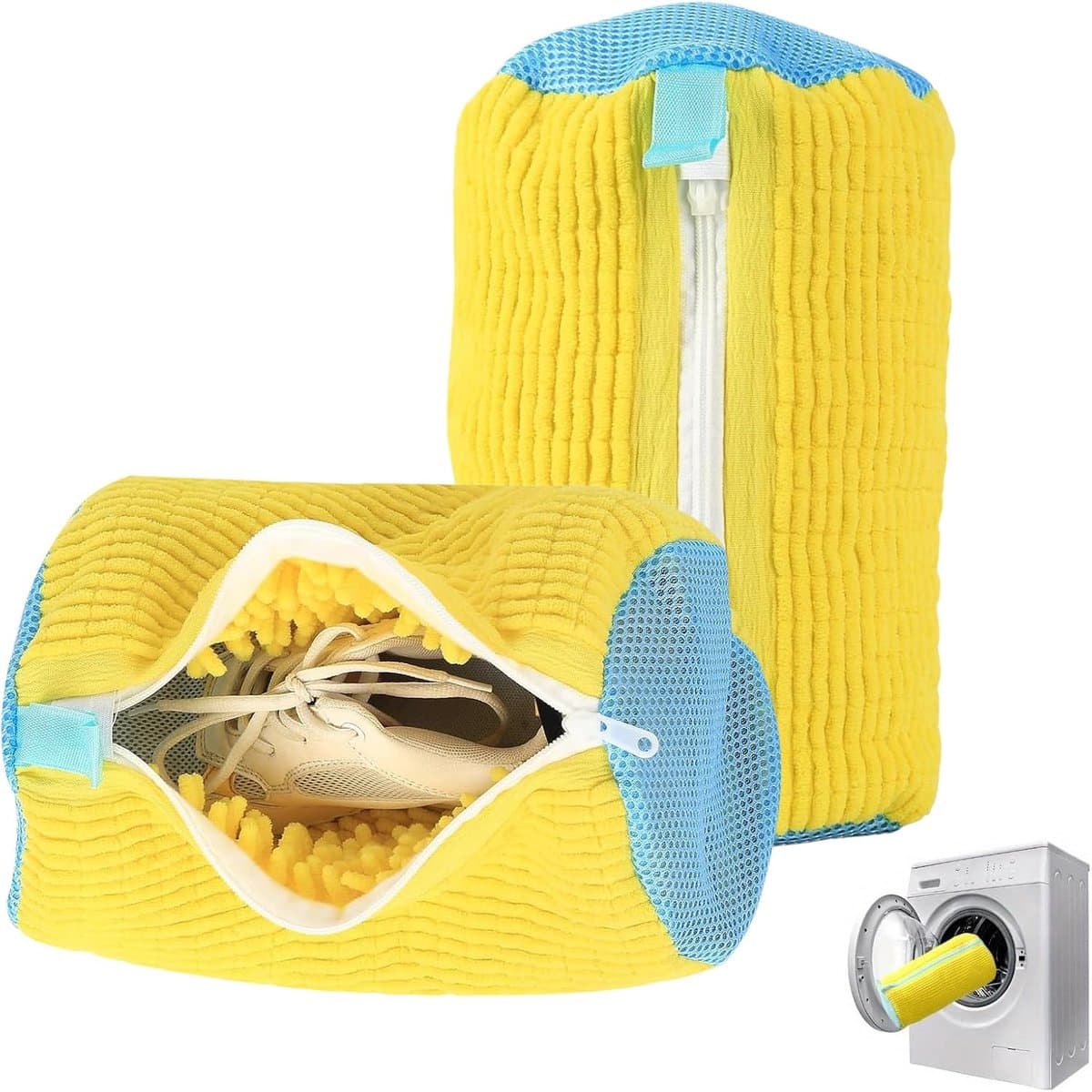 Schoenwaszak voor wasmachine – 360° schoenreiniger met YKK-ritssluiting – herbruikbare waszak voor sneakers, beschermt tegen vervorming en slijtage – 2 stuks (geel) — afbeelding 1