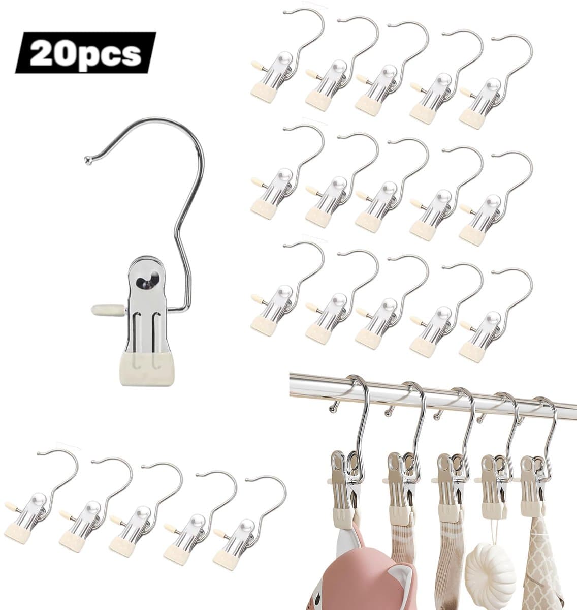 20 stuks - Metalen clips, handdoekklemmen, multifunctionele antislip kledingklemmen voor kleding, sokken, broeken, schoenen (gebroken wit) — afbeelding 1