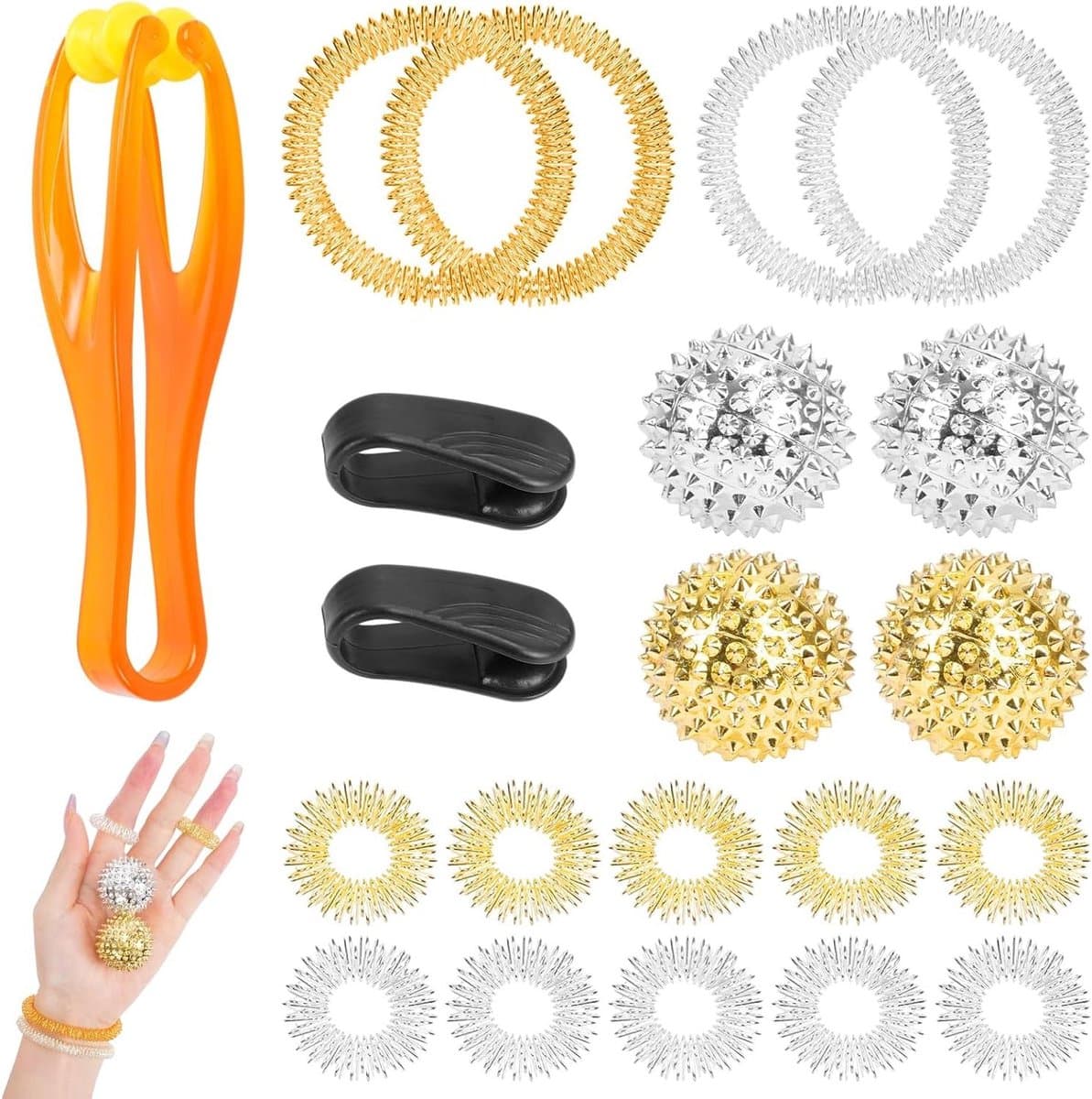 Inovra Plus - Magnetische acupressuur set voor acupressuurmassage - 4 stuks ballen, 10 ringen, 4 armbanden, 2 clips, 1 vingermassageroller - Metaal massageringen en egelbal - Ontspanning en verlichting van pijn — afbeelding 1