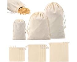 Allecta - Natuurlijke katoenen zakjes met trekkoord - Sieraden cadeau - Beige - Set van 12