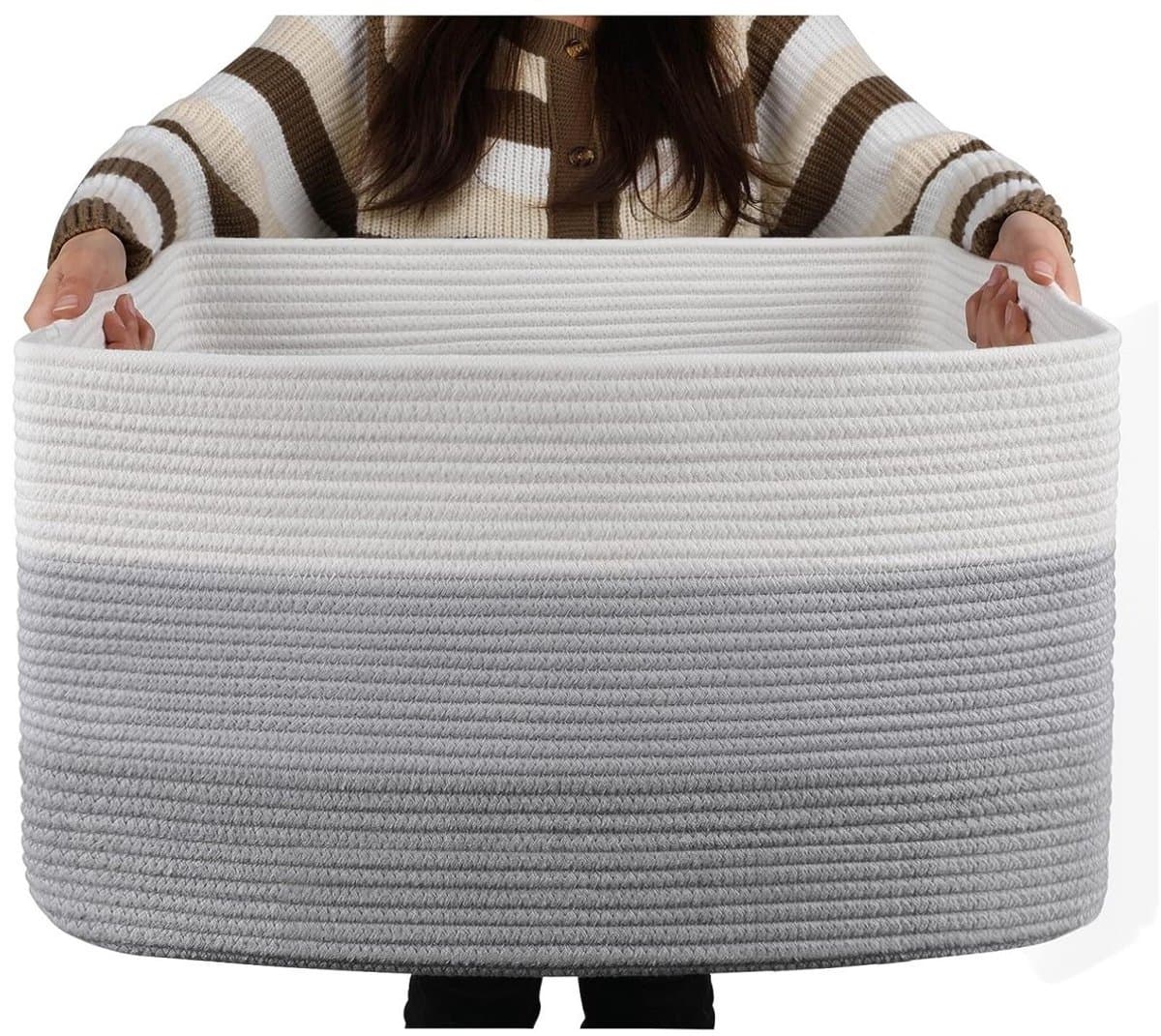 Extra grote mand van katoenen touw - Rechthoekige gevlochten manden - Opbergmand voor dekentjes in de kinderkamer of woonkamer - Speelgoedmand met handvat - 55 x 43 x 30 cm - Grijs — afbeelding 1
